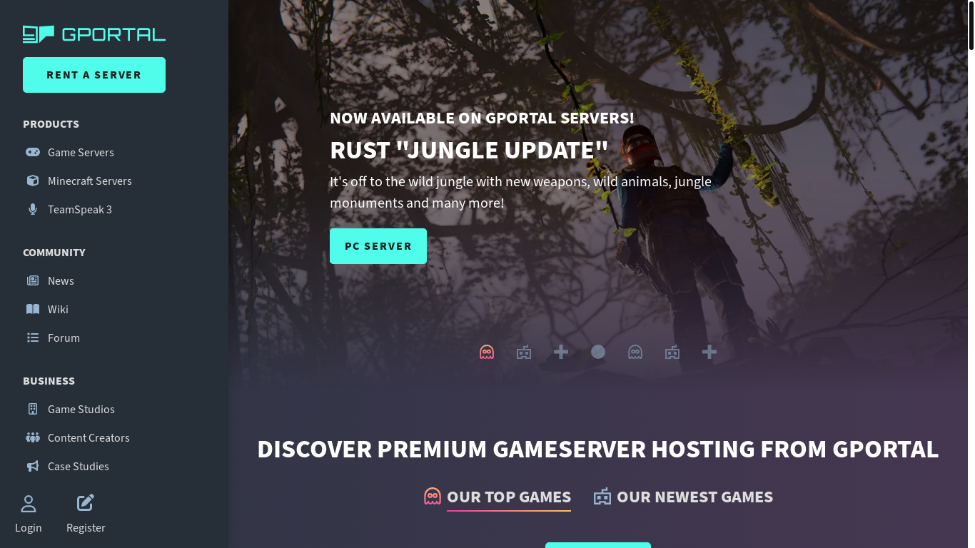 website screenshot of https://g-portal.com/