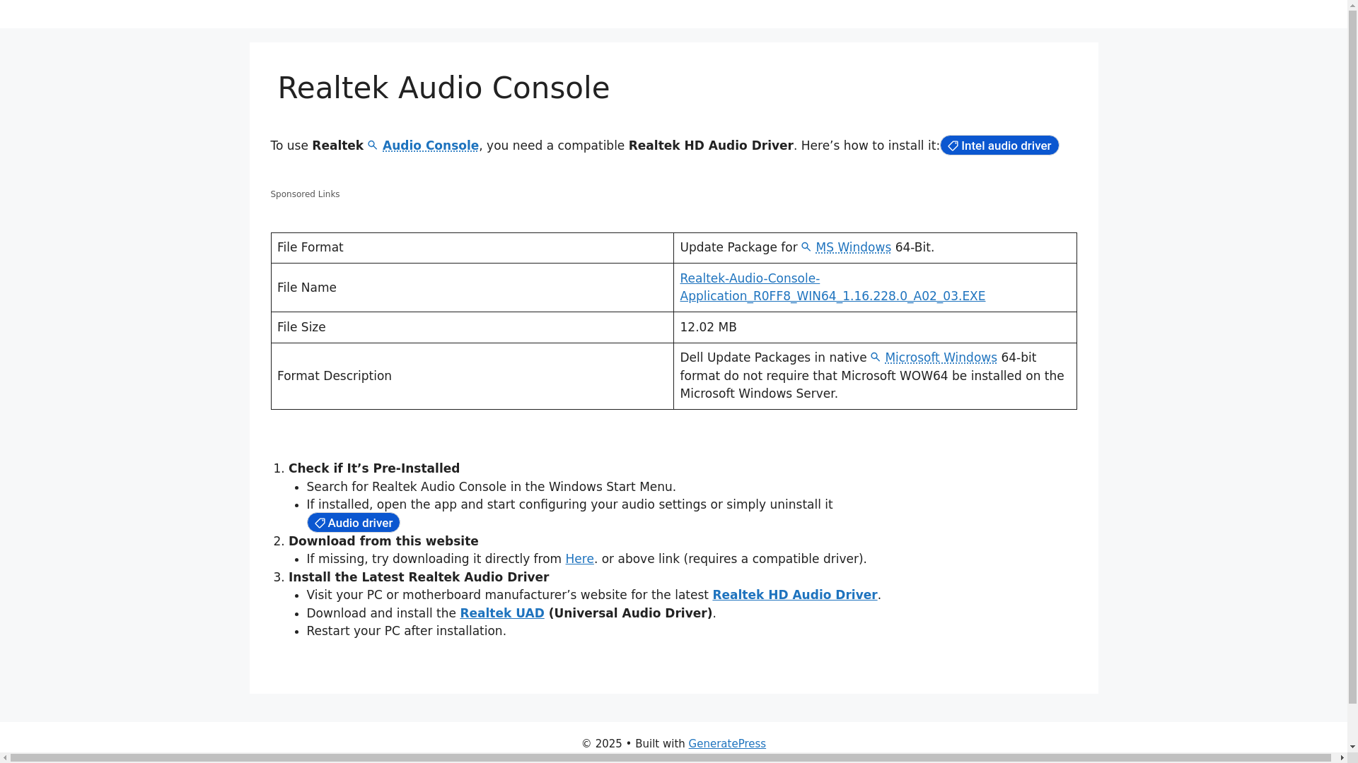 website screenshot of https://realtekaudioconsole.com/download/
