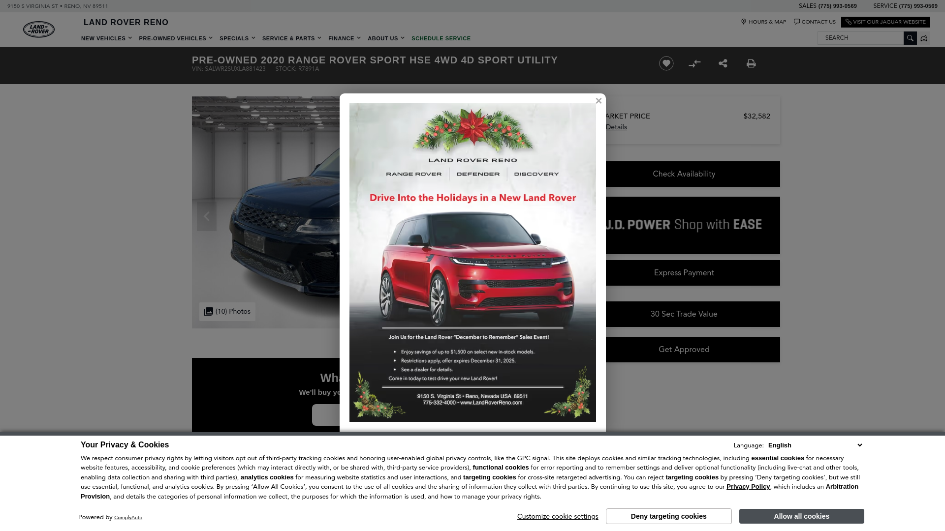 website screenshot of https://www.landroverreno.com/inventory/used-2020-land-rover-range-rover-sport-hse-4wd-4d-sport-utility-salwr2suxla881423/