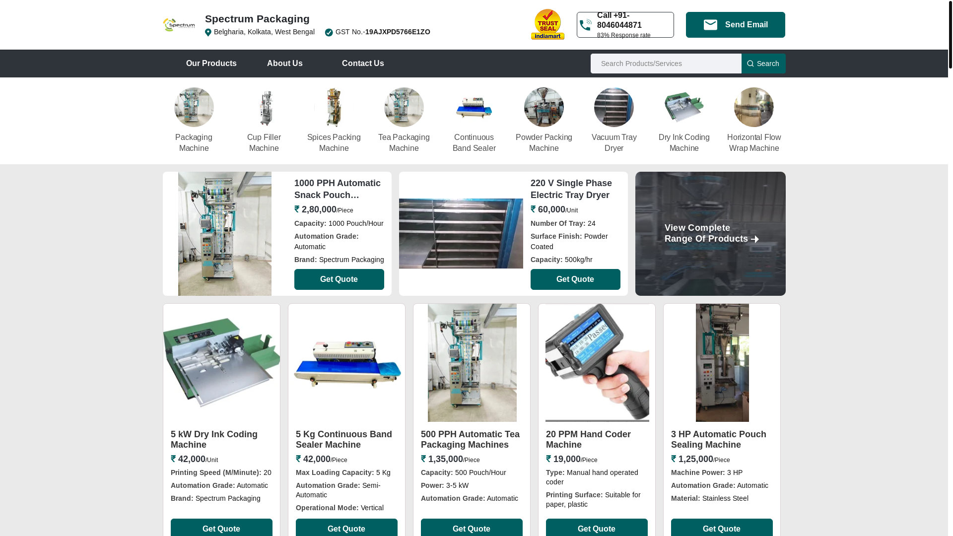 website screenshot of https://spectrumpackagingmachine.in/