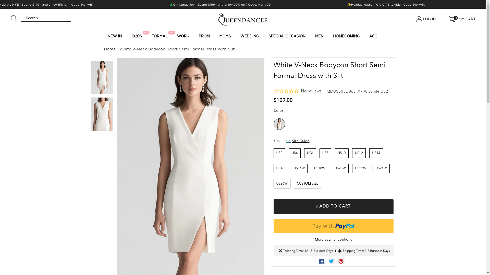 website screenshot of https://www.queendancer.com/products/white-v-neck-bodycon-short-semi-formal-dress-with-slit