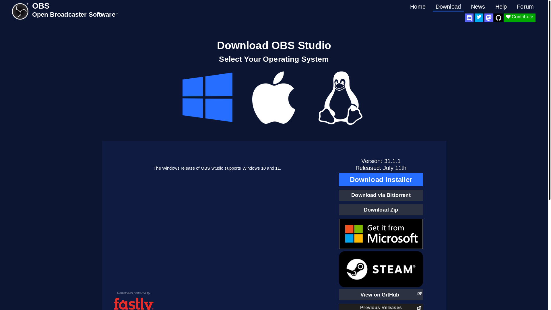 website screenshot of https://obsproject.com/download