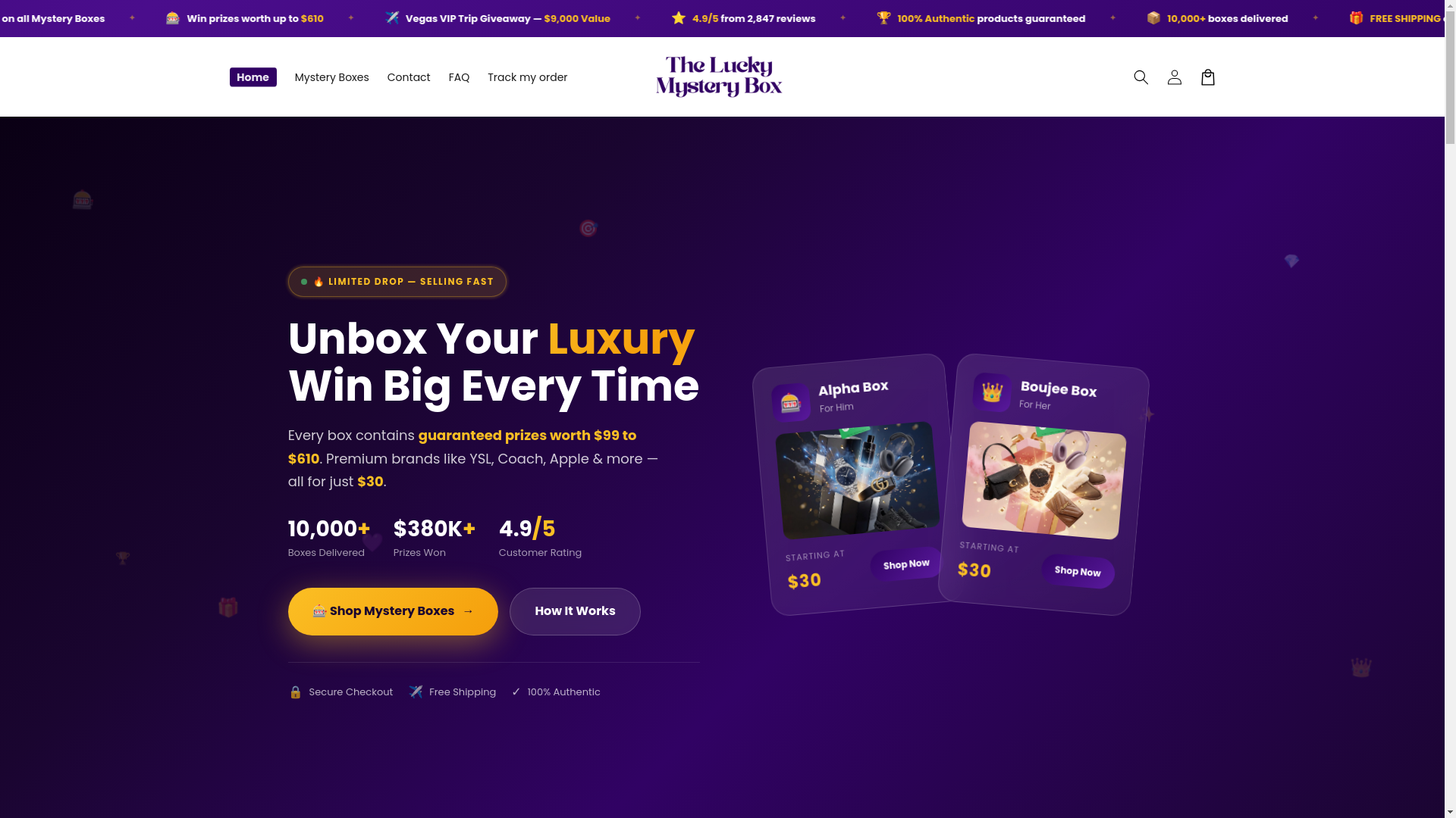 website screenshot of https://the-luckymysterybox.com/