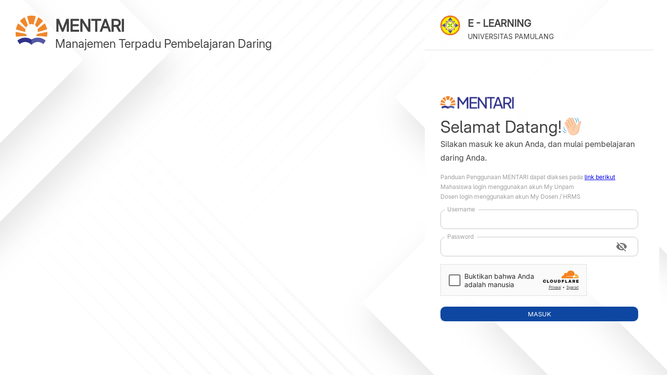 website screenshot of https://mentari.unpam.ac.id/login