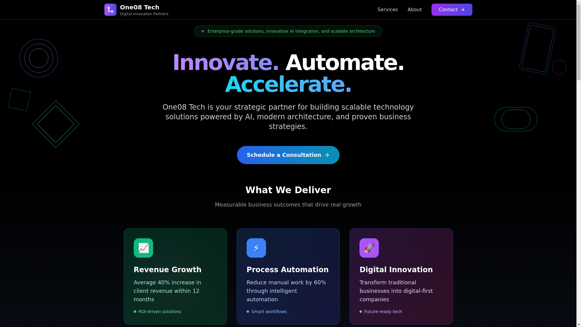 website screenshot of https://one08tech.com/