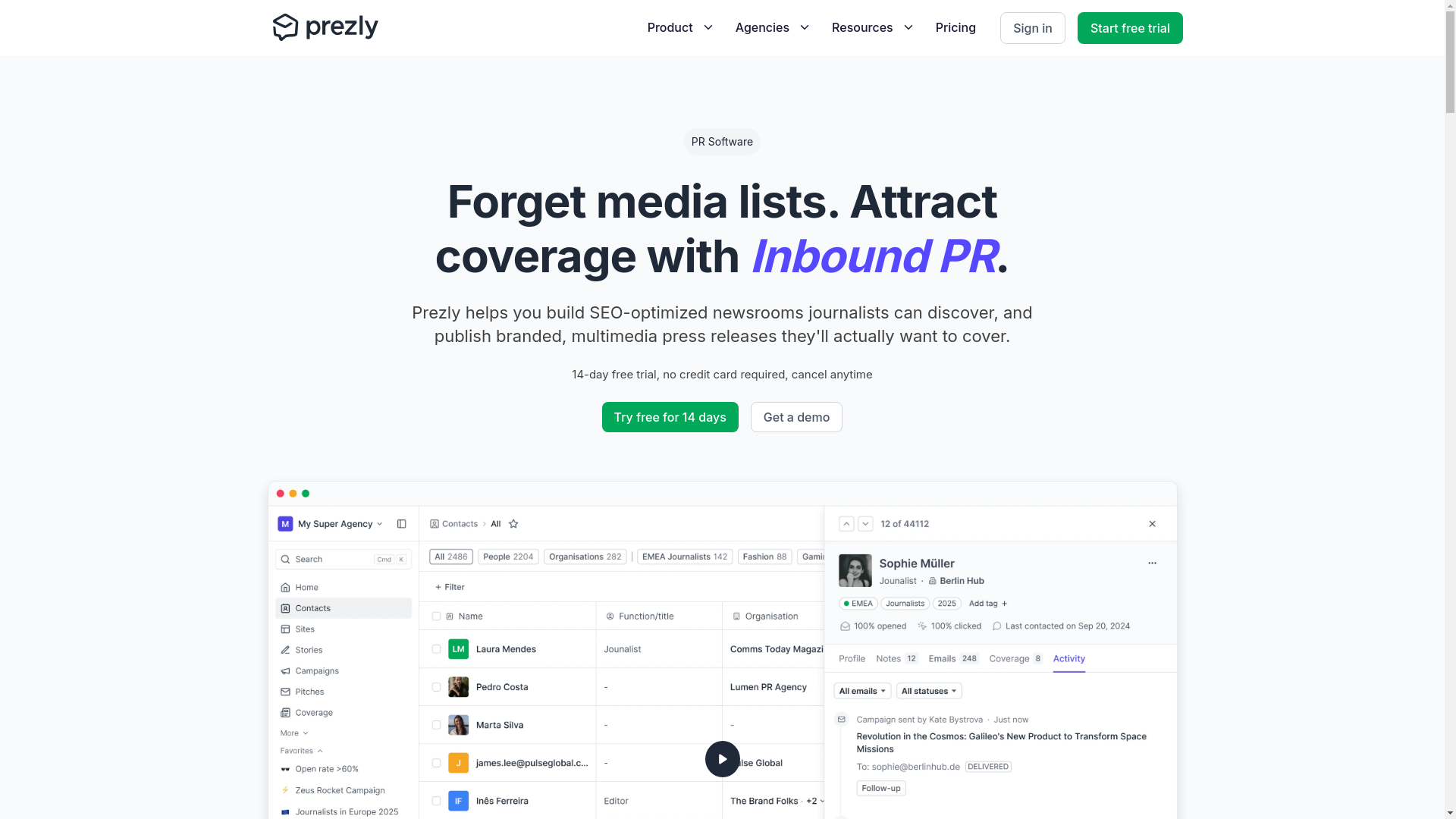 website screenshot of https://prezly.com