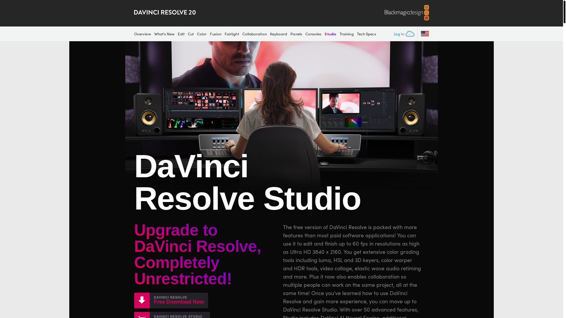 website screenshot of https://www.blackmagicdesign.com/products/davinciresolve/studio