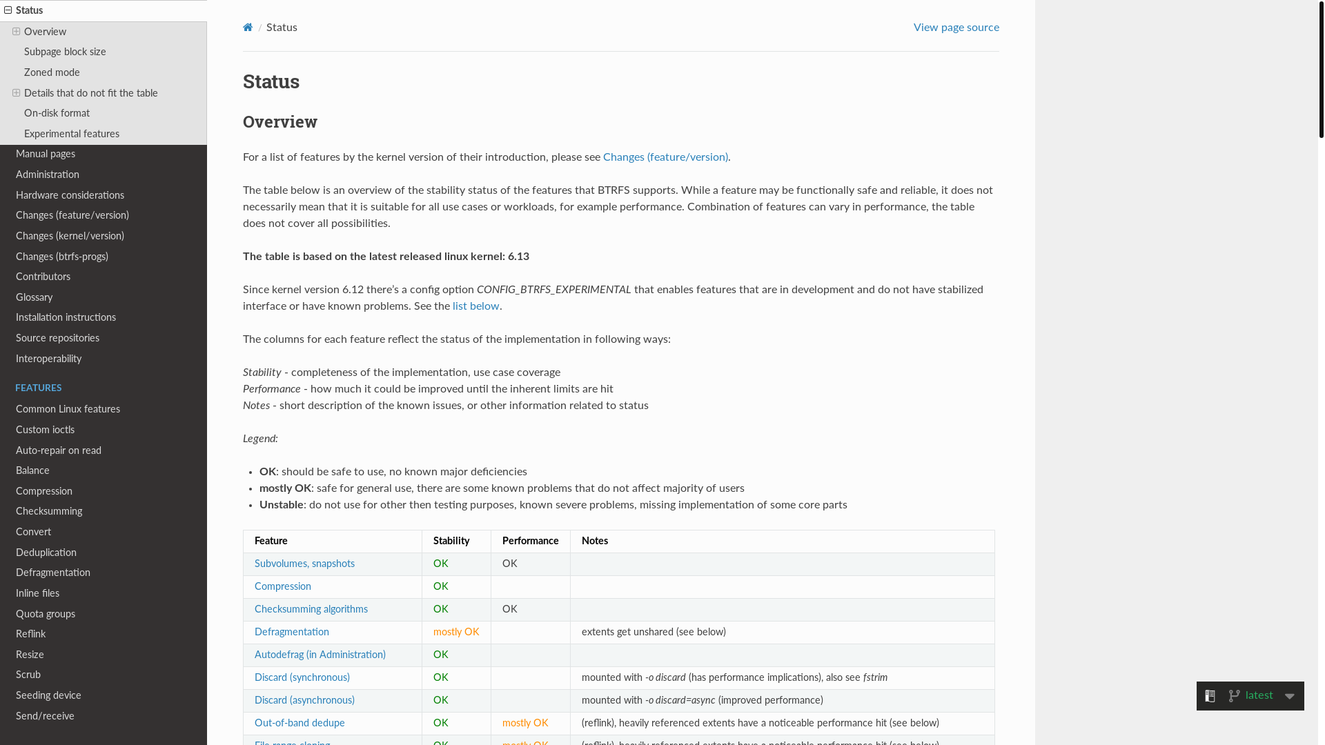 website screenshot of https://btrfs.readthedocs.io/en/latest/Status.html
