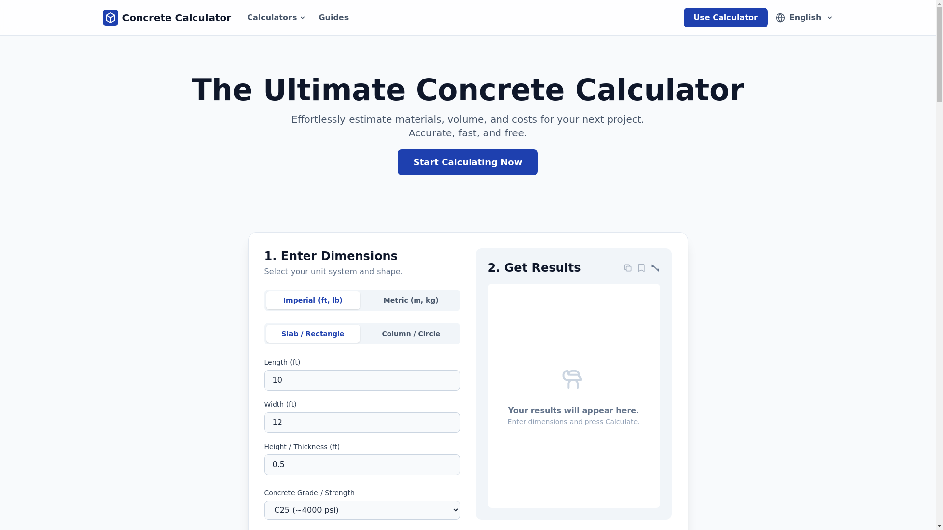 website screenshot of https://concrete-calculator-vanilla.pages.dev/