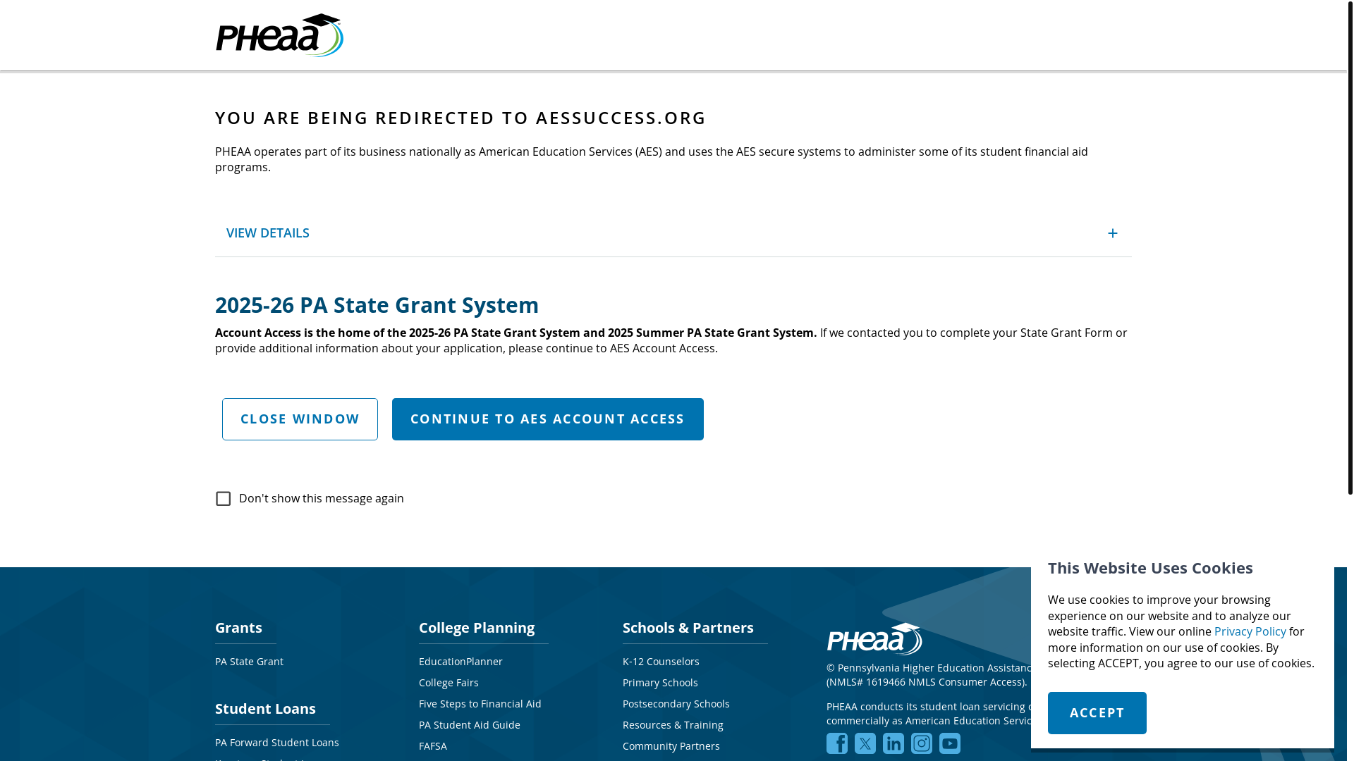 website screenshot of https://pheaa.org/signin