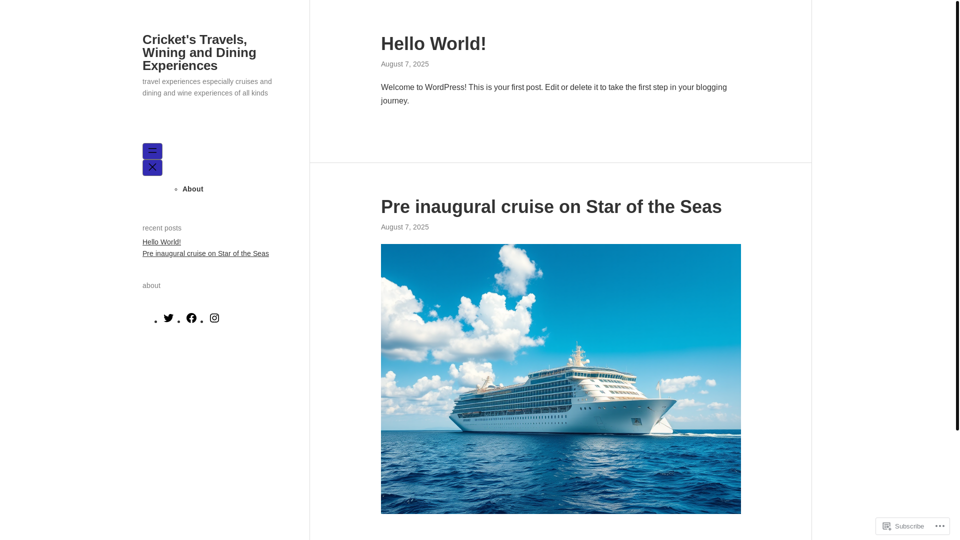 website screenshot of https://crickettravelanddining.blog/
