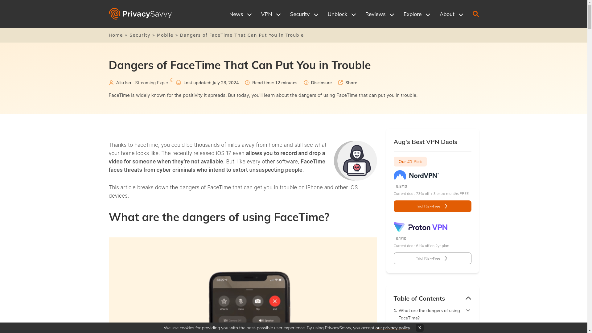website screenshot of https://privacysavvy.com/security/mobile/dangers-of-facetime/