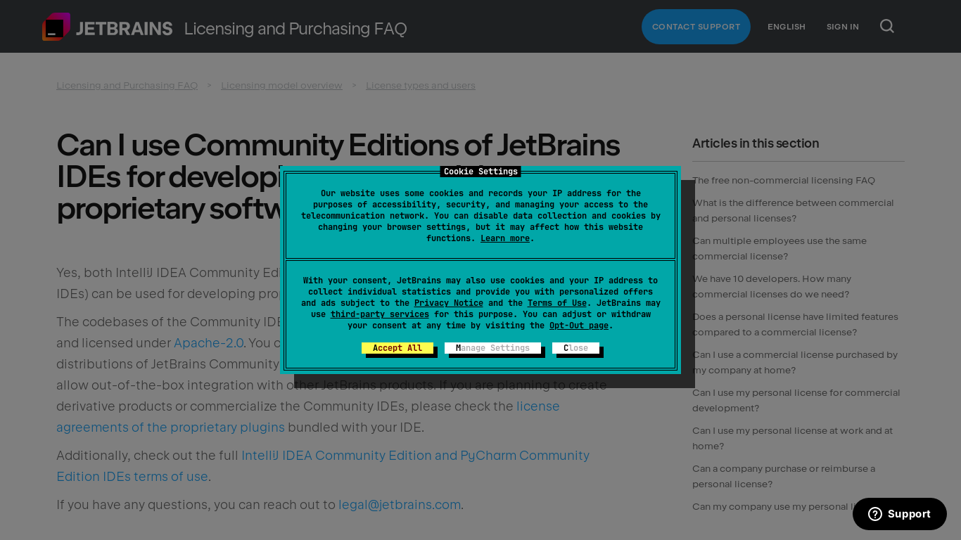 website screenshot of https://sales.jetbrains.com/hc/en-gb/articles/360021922640-Can-I-use-Community-Editions-of-JetBrains-IDEs-for-developing-commercial-proprietary-software