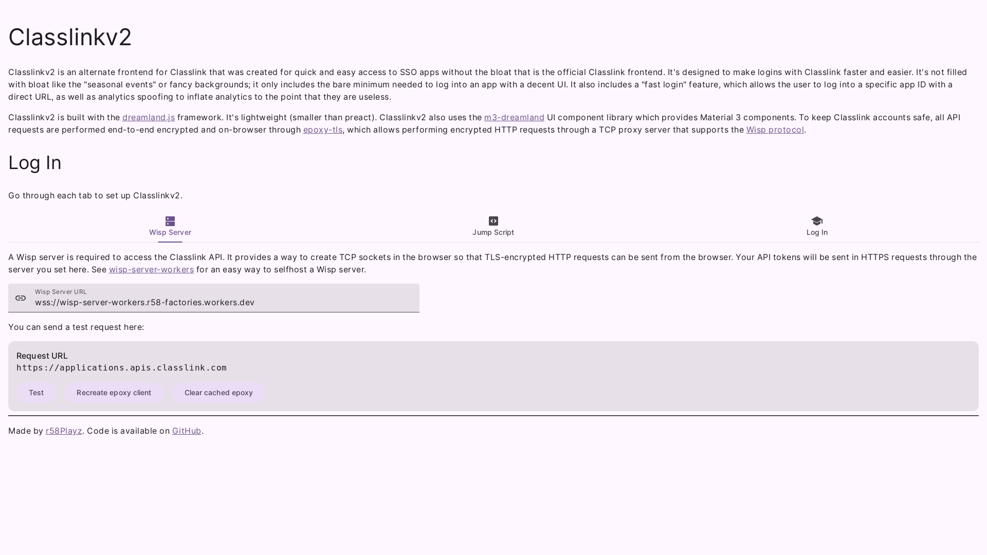 website screenshot of https://classlink.r58playz.dev/
