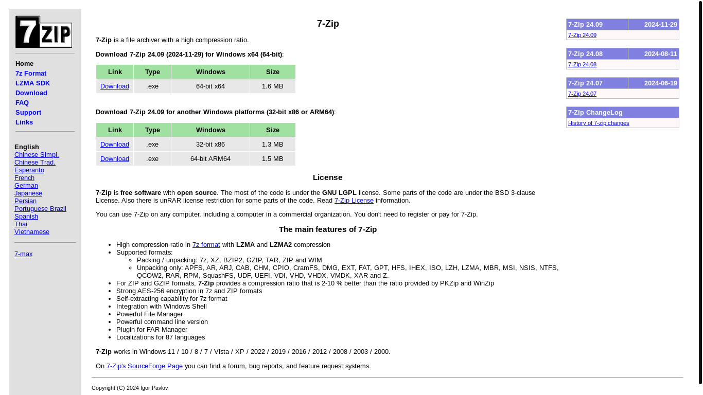 website screenshot of https://www.7-zip.org/