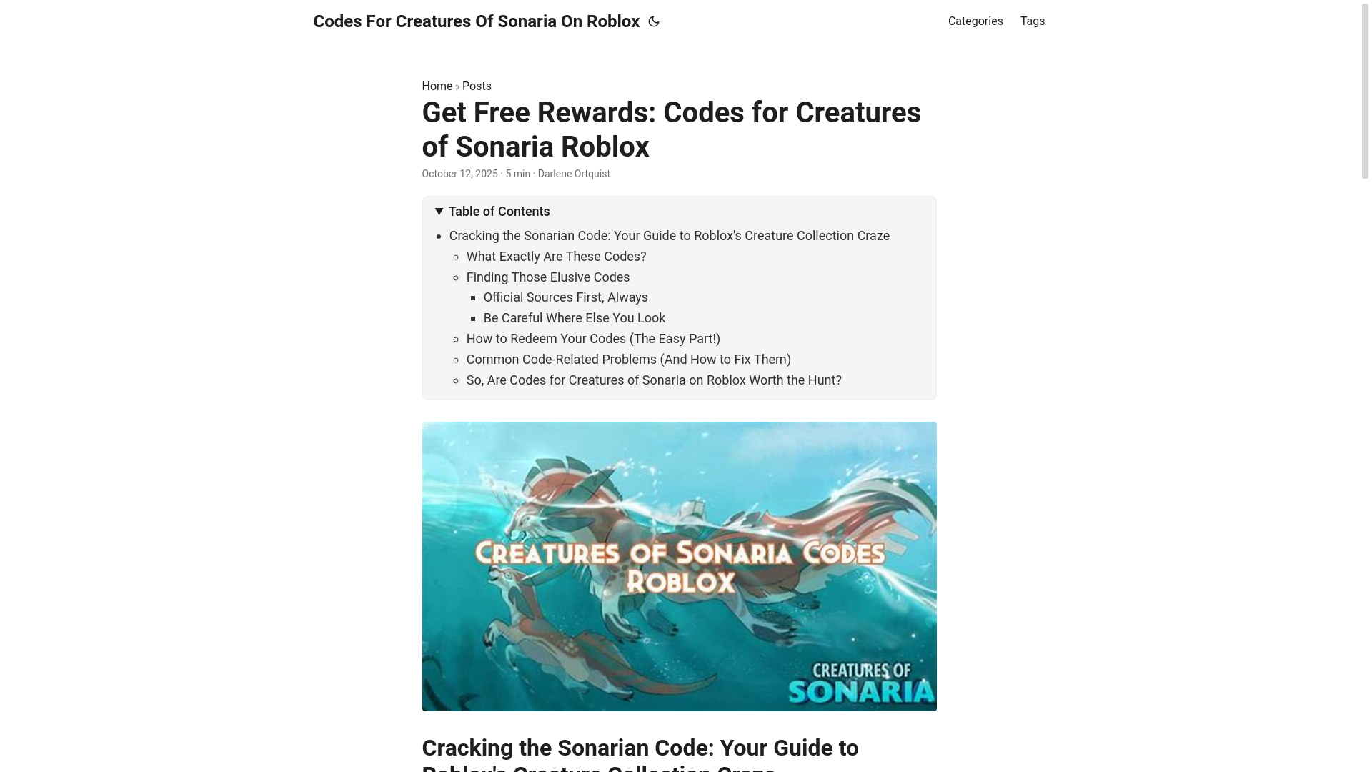website screenshot of https://codes-for-creatures-of-sonaria-on-roblox.pages.dev/