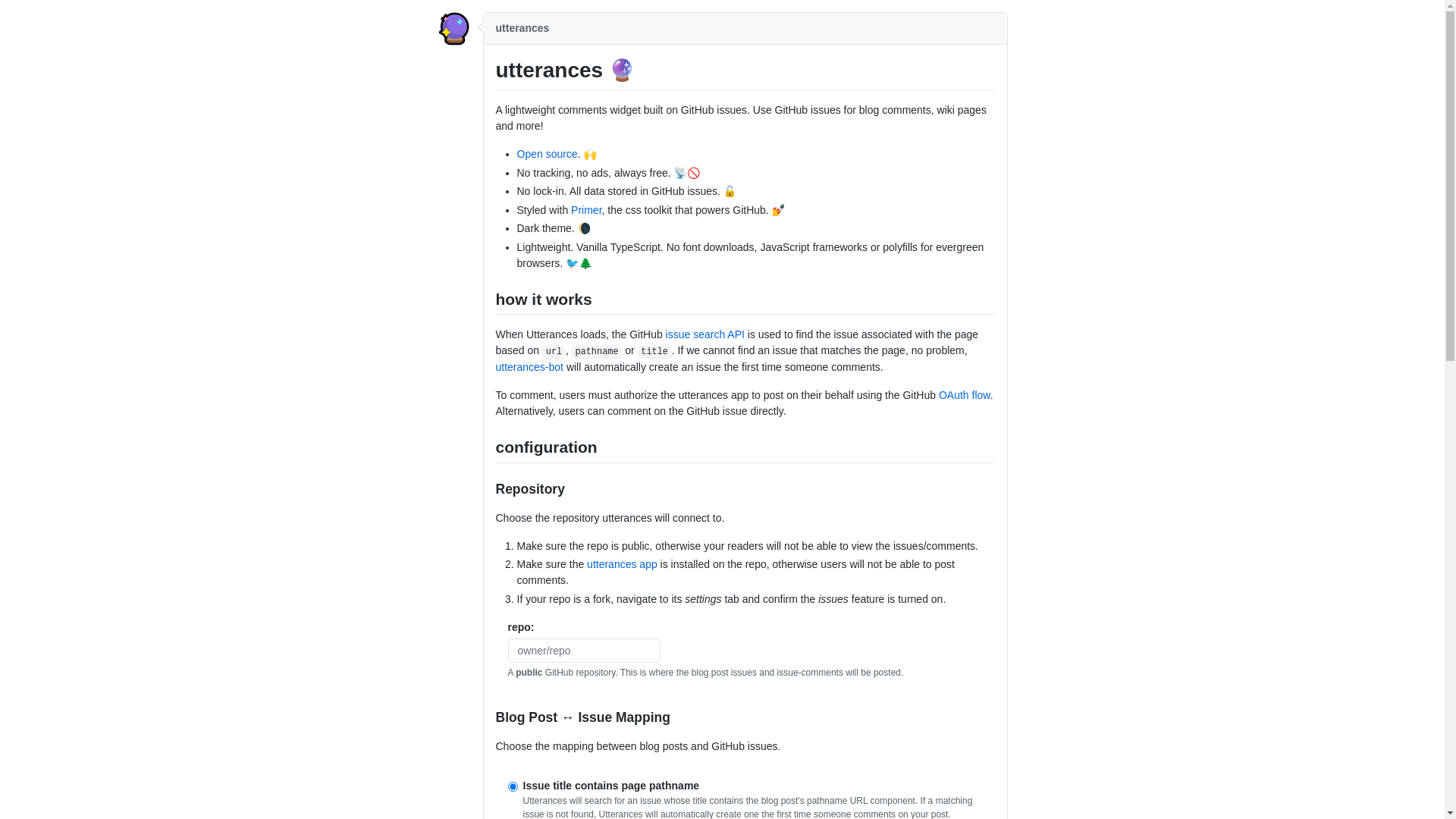 website screenshot of https://utteranc.es