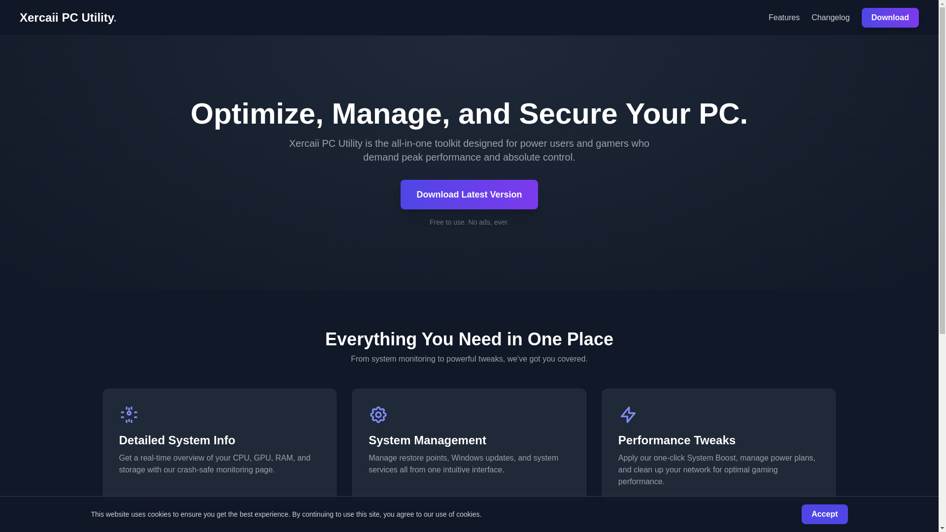 website screenshot of https://xercaii-pc-utility-website.pages.dev/