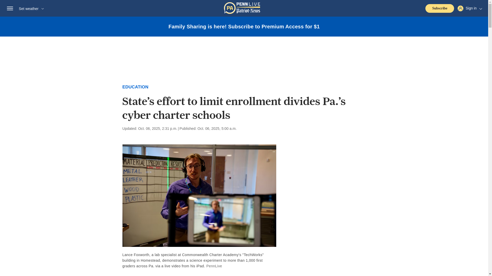website screenshot of https://www.pennlive.com/education/2025/10/states-effort-to-limit-enrollment-divides-pas-cyber-charter-schools.html