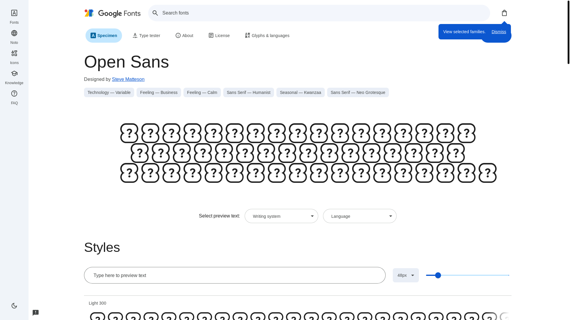 website screenshot of https://fonts.google.com/specimen/Open+Sans