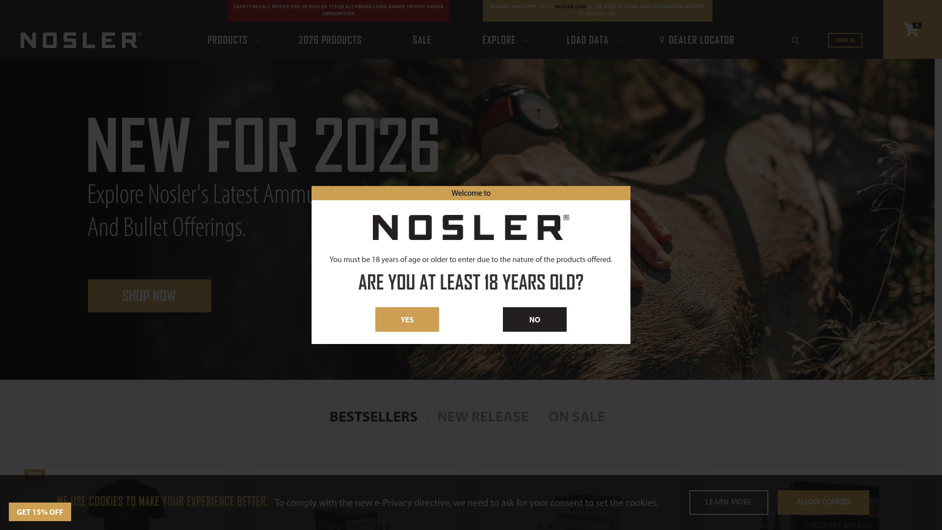 website screenshot of https://www.nosler.com/