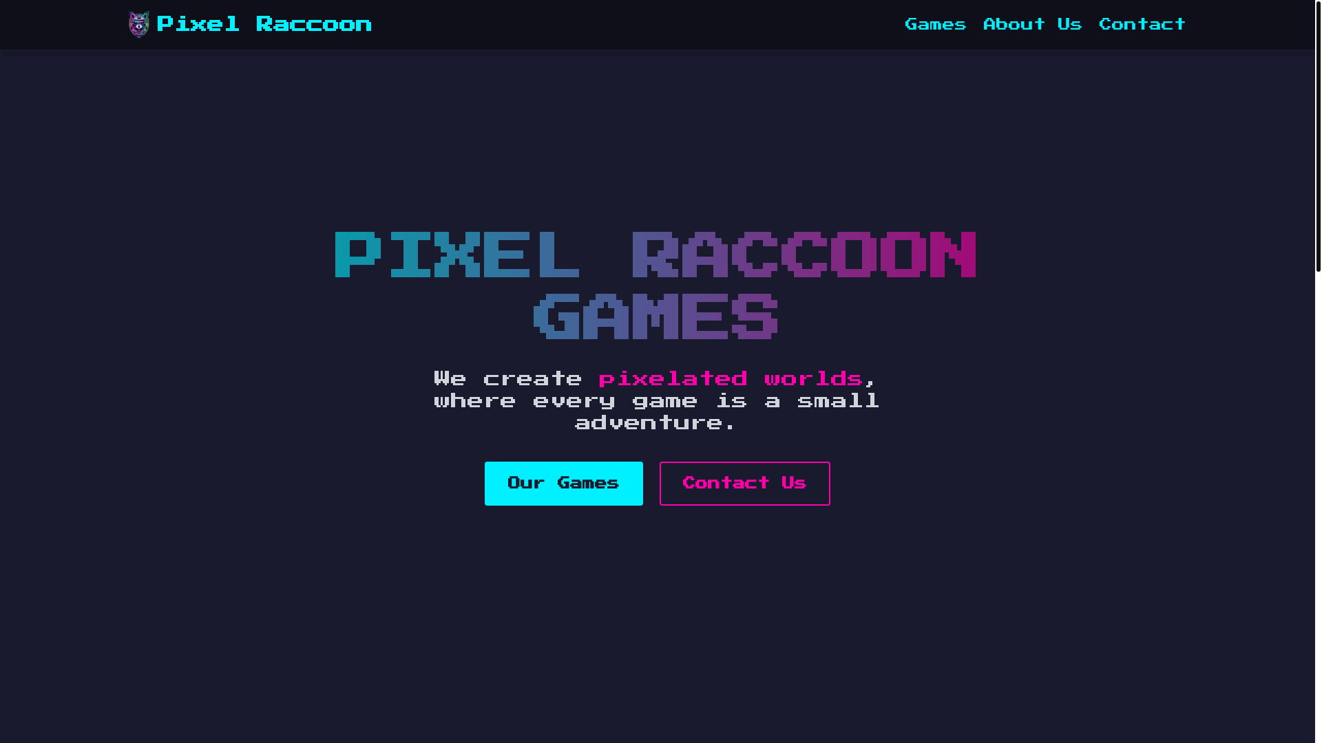 website screenshot of https://pixelraccoon.games/