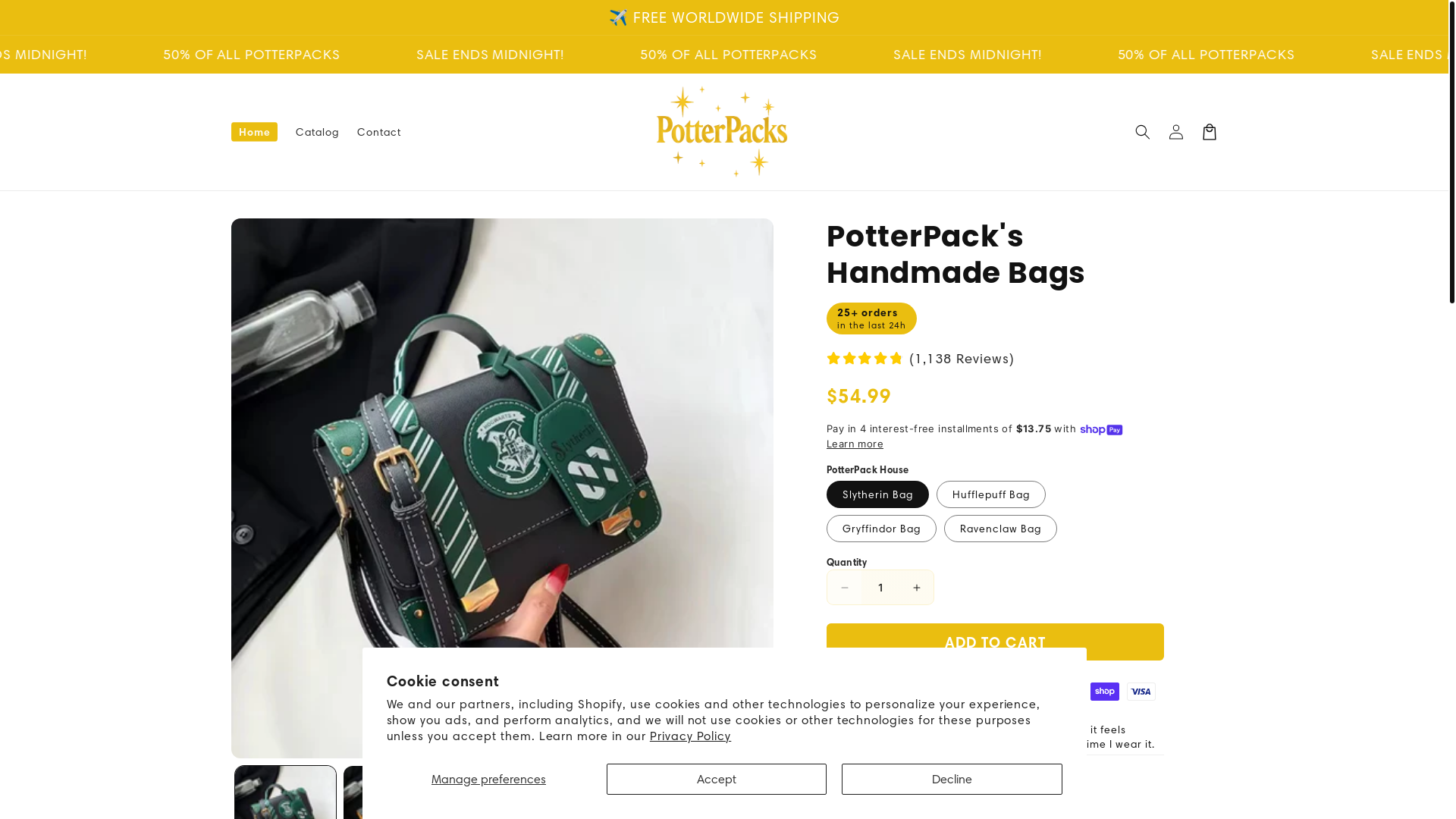 website screenshot of https://potterpacks.store/