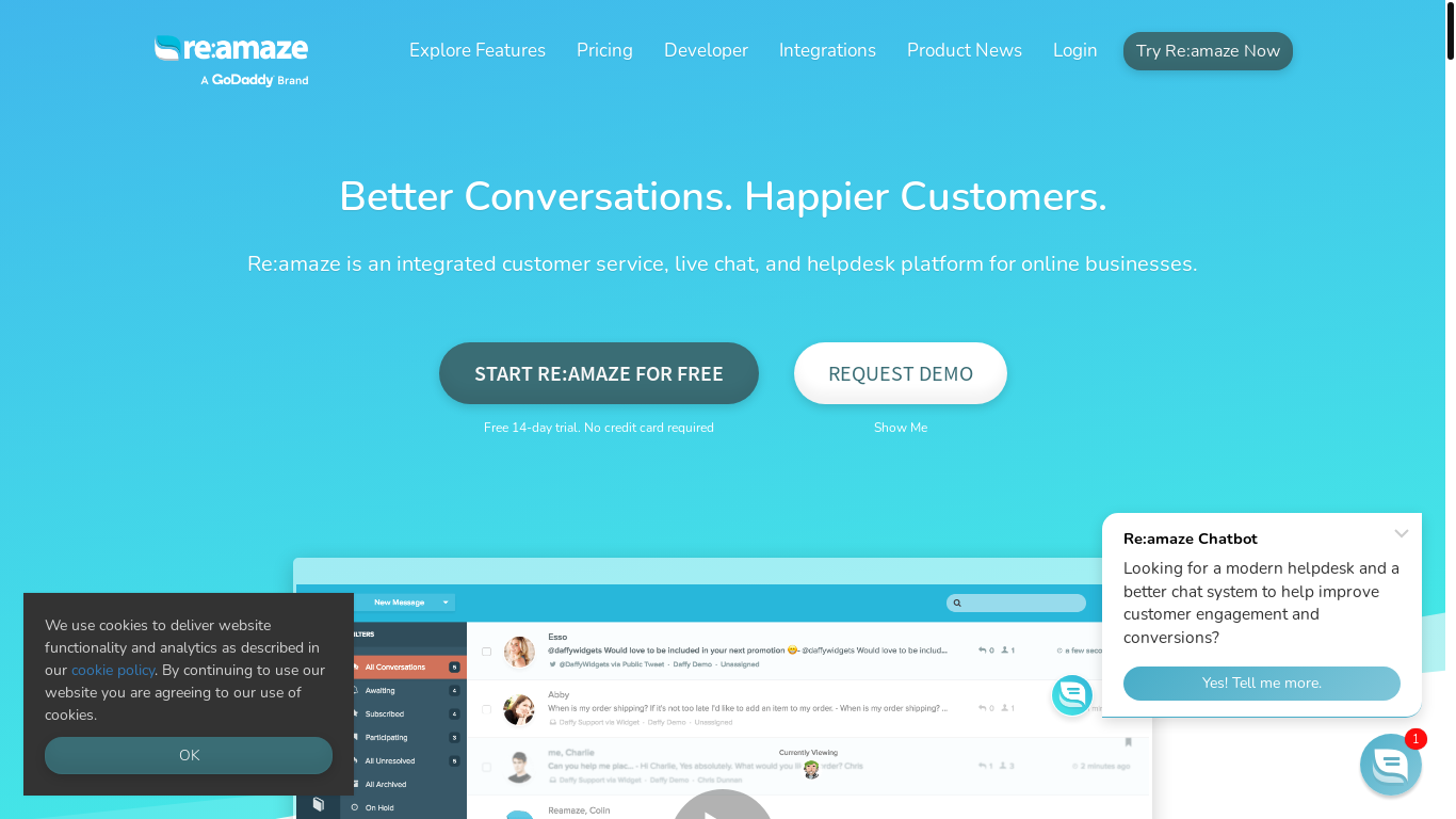 website screenshot of https://reamaze.com/