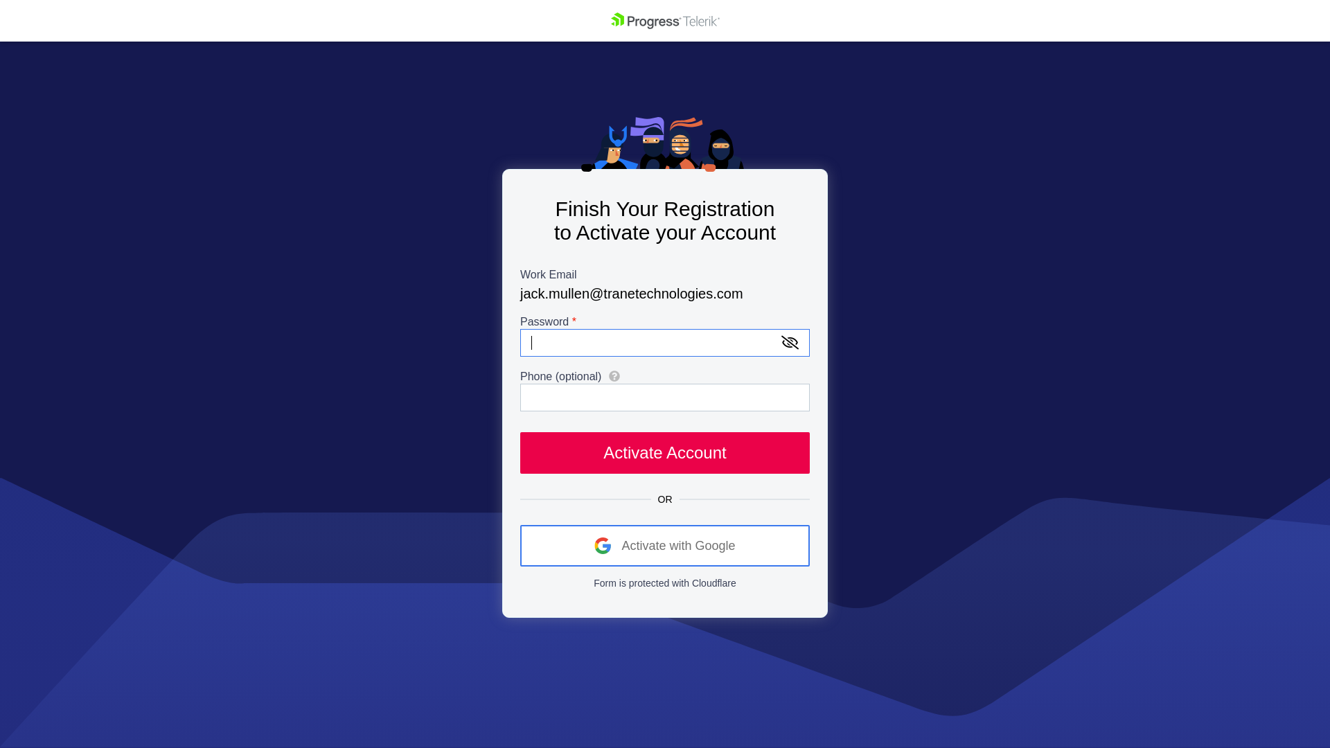 website screenshot of https://urldefense.com/v3/__https://identity.telerik.com/activation?token=81b9f00f757849e98919e0856b2a71a6__;!!LkoGuYl8_g!yTBbo0LfZkqdyo9x9Hzj43q90KZAkZ4z-2OhBfUJ7uXLVuOWzM_6VrJIACNl7ZbFNaCrayBvkswm7wjeChdW-KNK2PTpM2N9XNw$