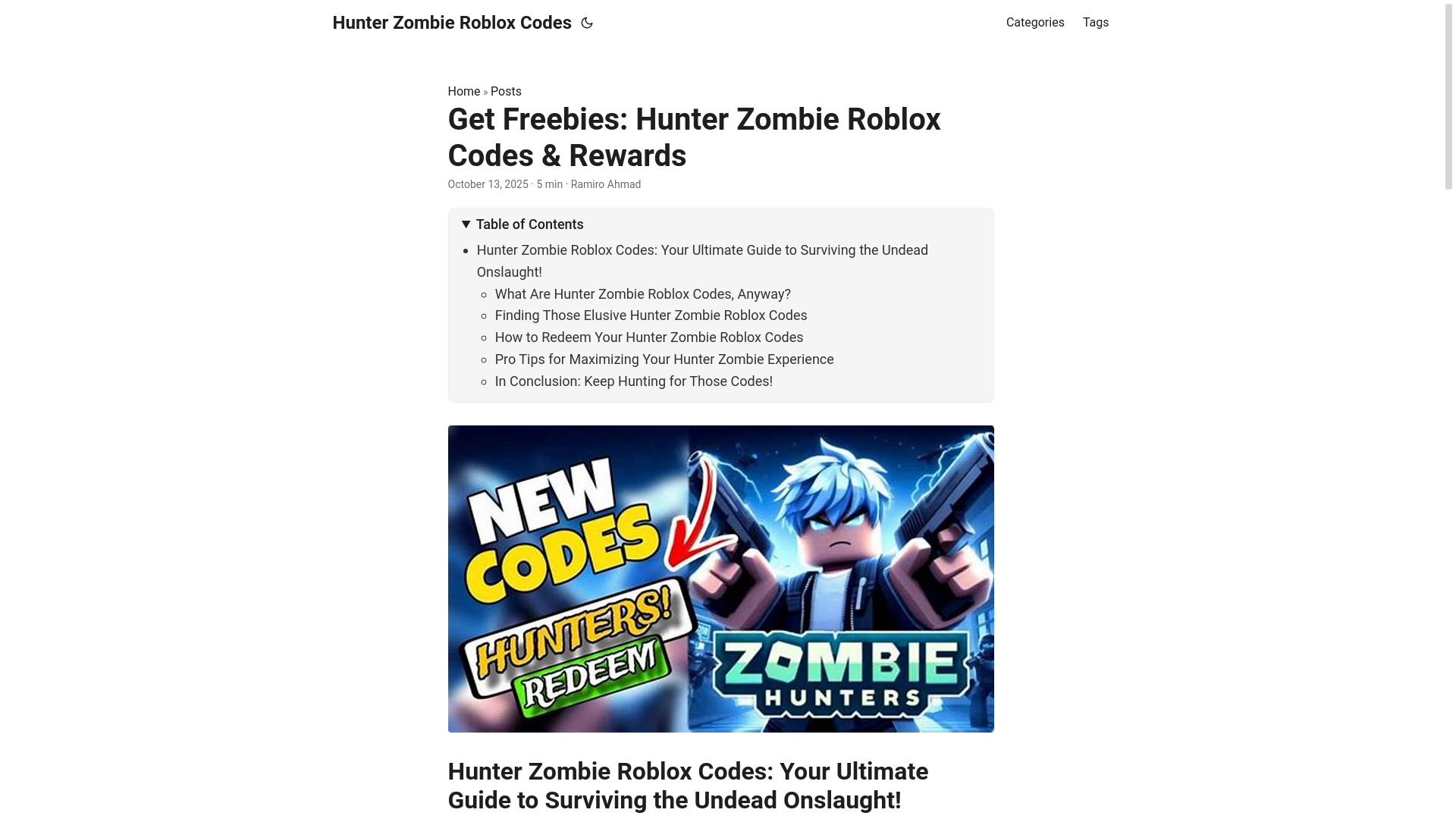 website screenshot of https://hunter-zombie-roblox-codes.pages.dev/