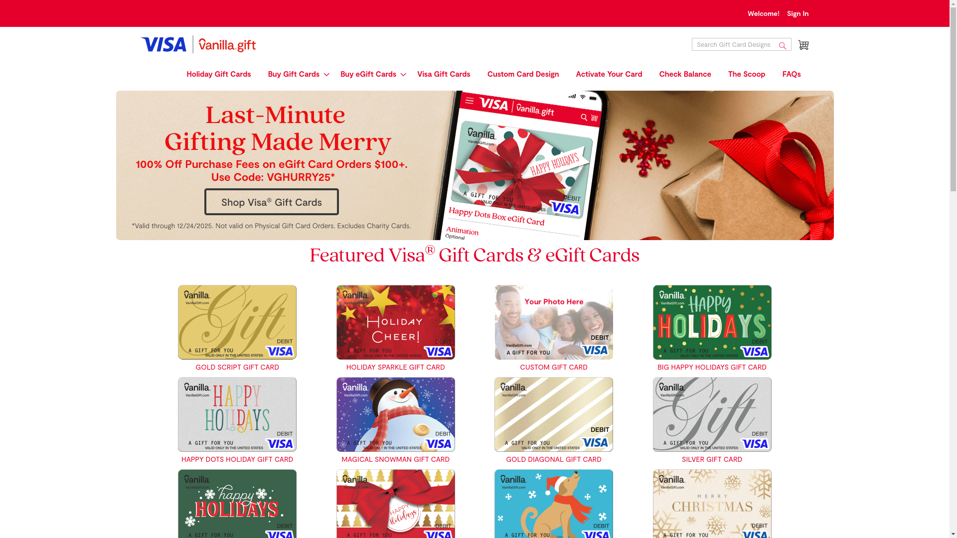 website screenshot of http://VanillaGift.com