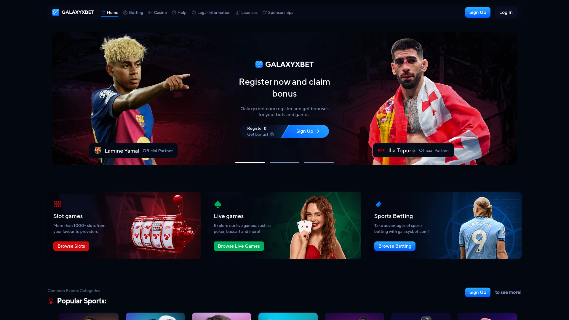 website screenshot of https://galaxyxbet.com/