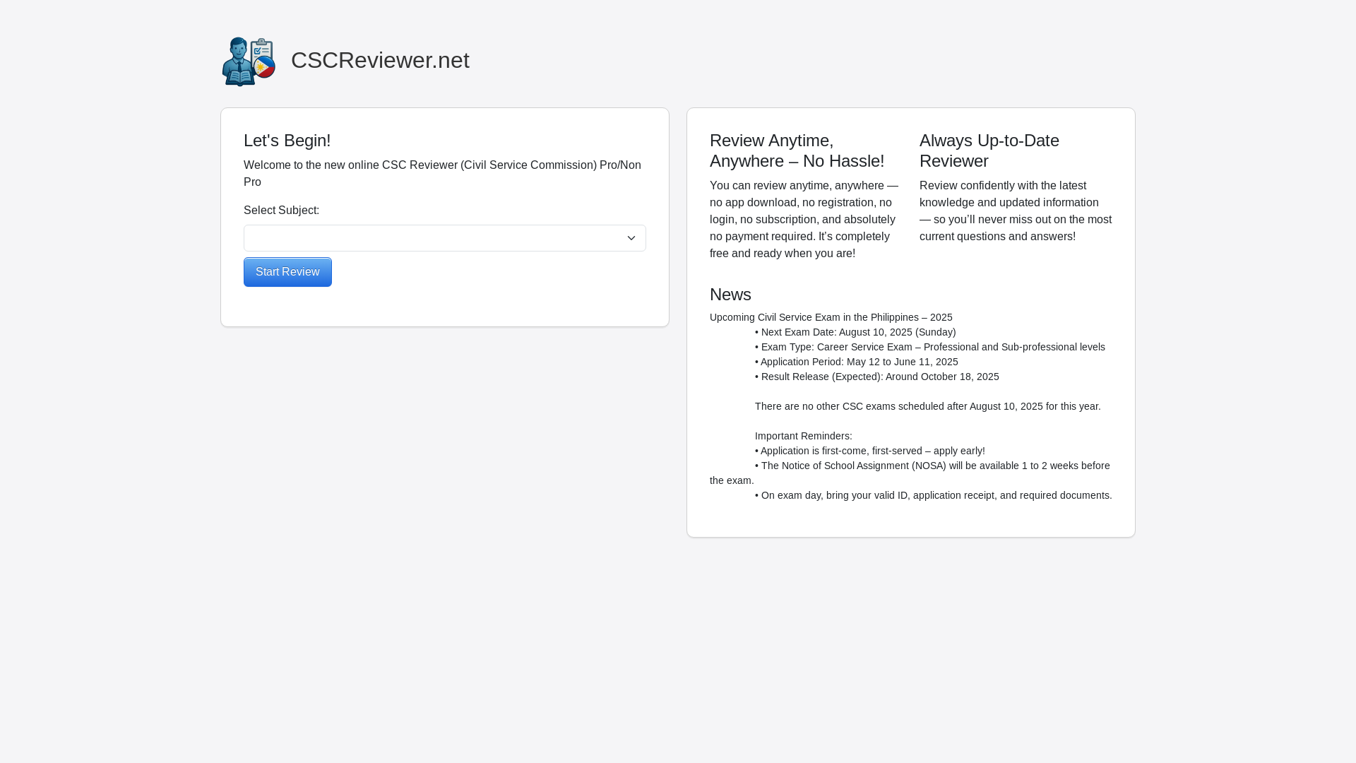 website screenshot of https://cscreviewer.net/