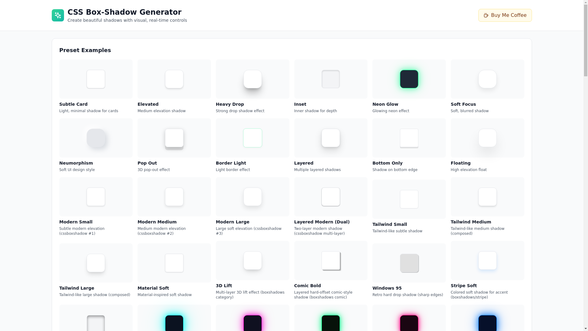 website screenshot of https://cssboxshadowgenerator.com/