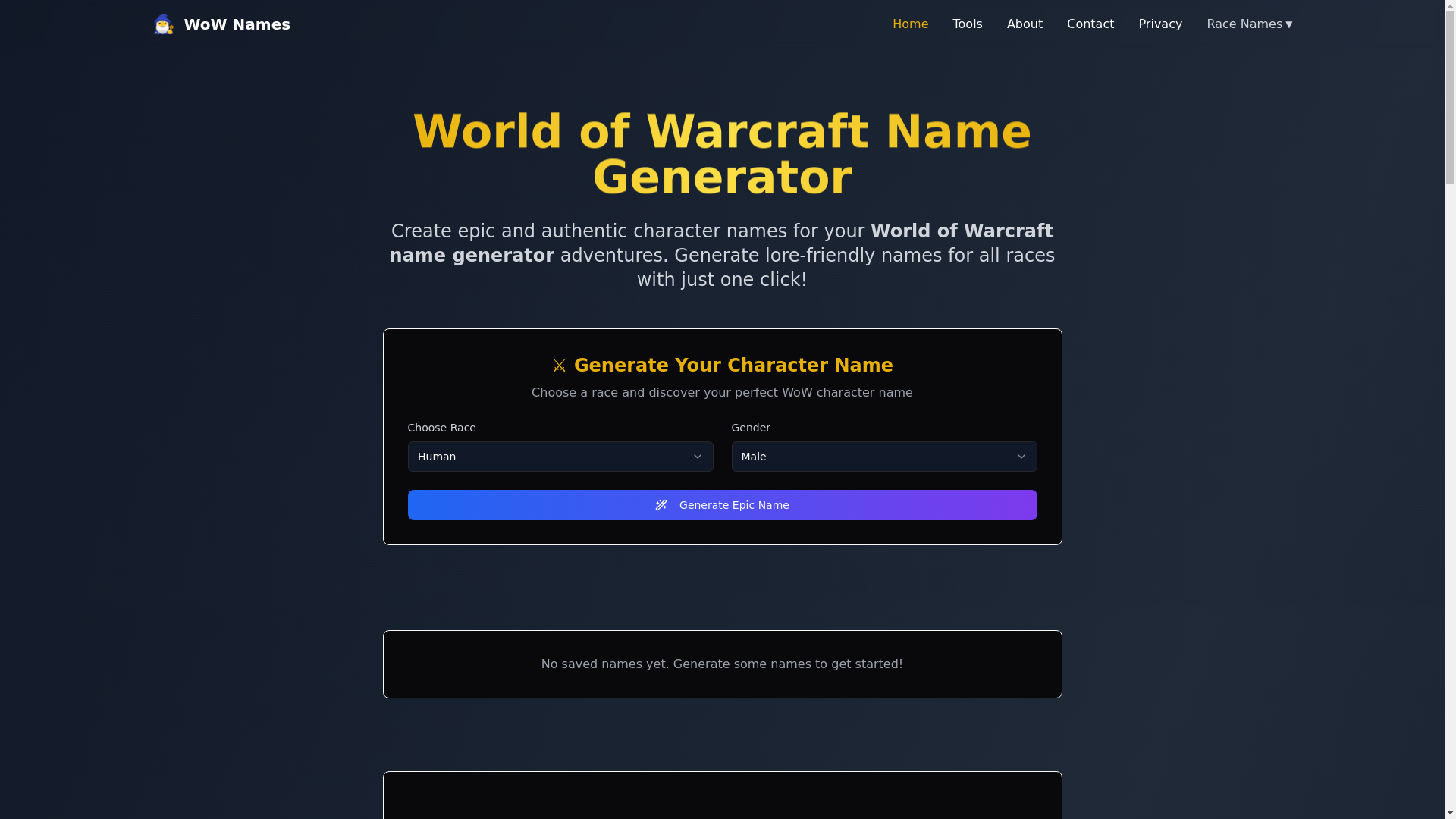 website screenshot of https://worldofwarcraftnamegenerator.pages.dev/