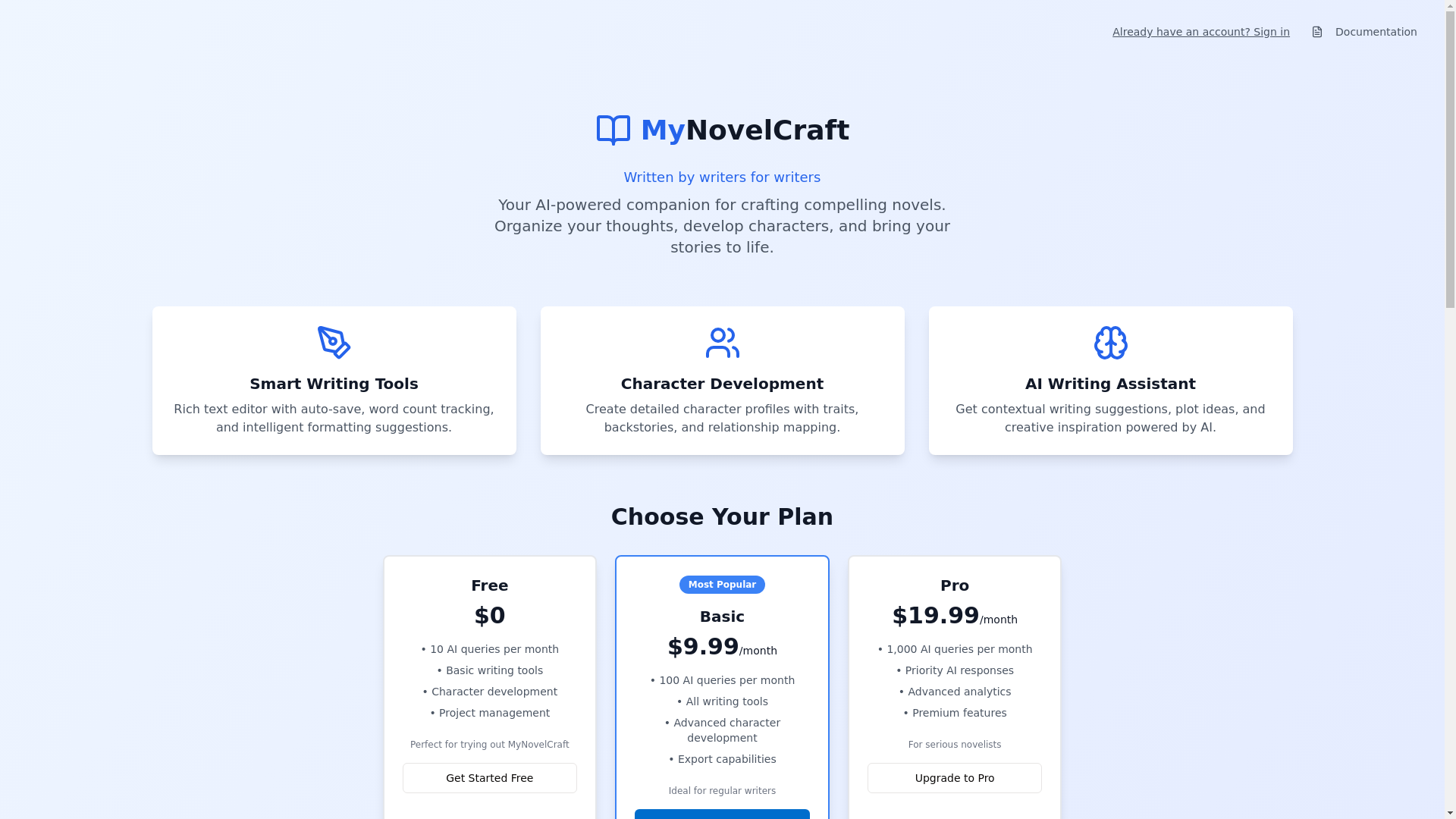 website screenshot of https://mynovelcraft.com/