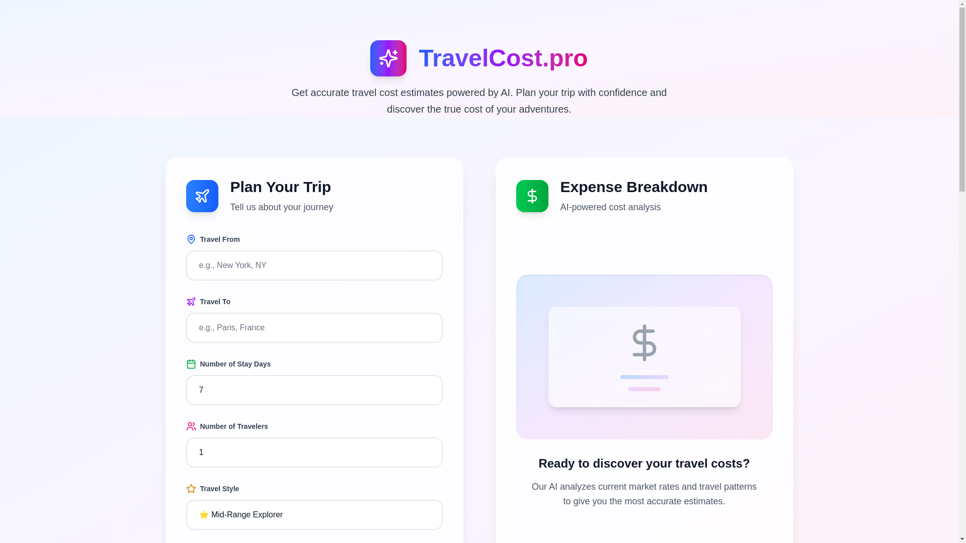 website screenshot of https://travelcost.pro/