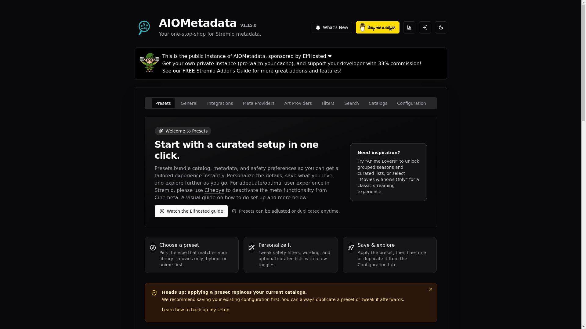 website screenshot of https://aiometadata.elfhosted.com/