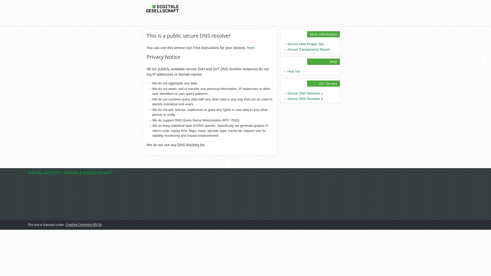 website screenshot of https://dns.digitale-gesellschaft.ch/