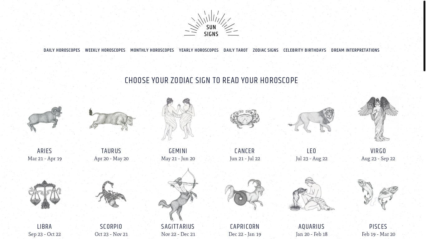 website screenshot of https://www.sunsigns.com/