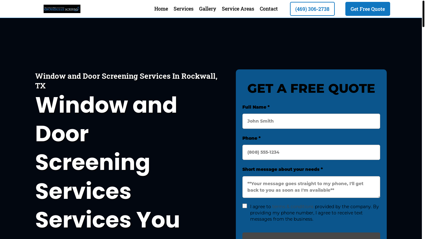 website screenshot of https://crossbreezewindowscreensofrockwalltx.com/