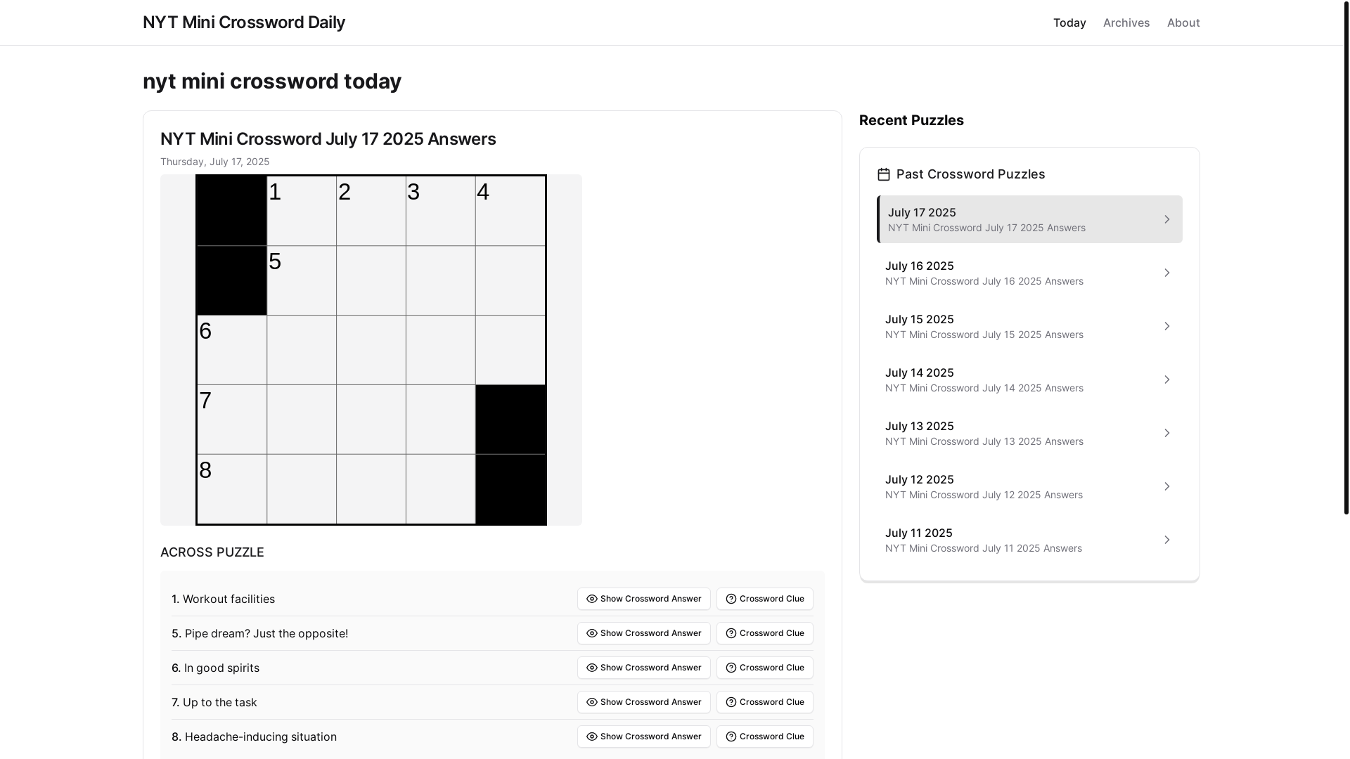 website screenshot of https://nyt-mini-crossword-answer.pages.dev/