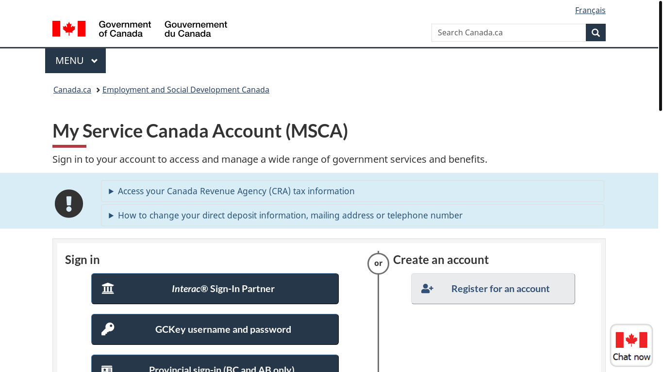 website screenshot of https://www.canada.ca/en/employment-social-development/services/my-account.html?utm_medium=email1086