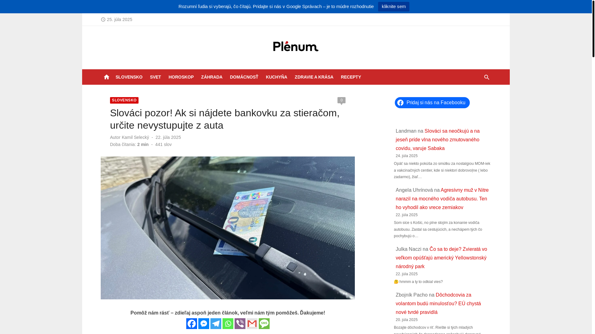website screenshot of https://plenum.sk/slovaci-pozor-ak-si-najdete-bankovku-za-stieracom-urcite-nevystupujte-z-auta/