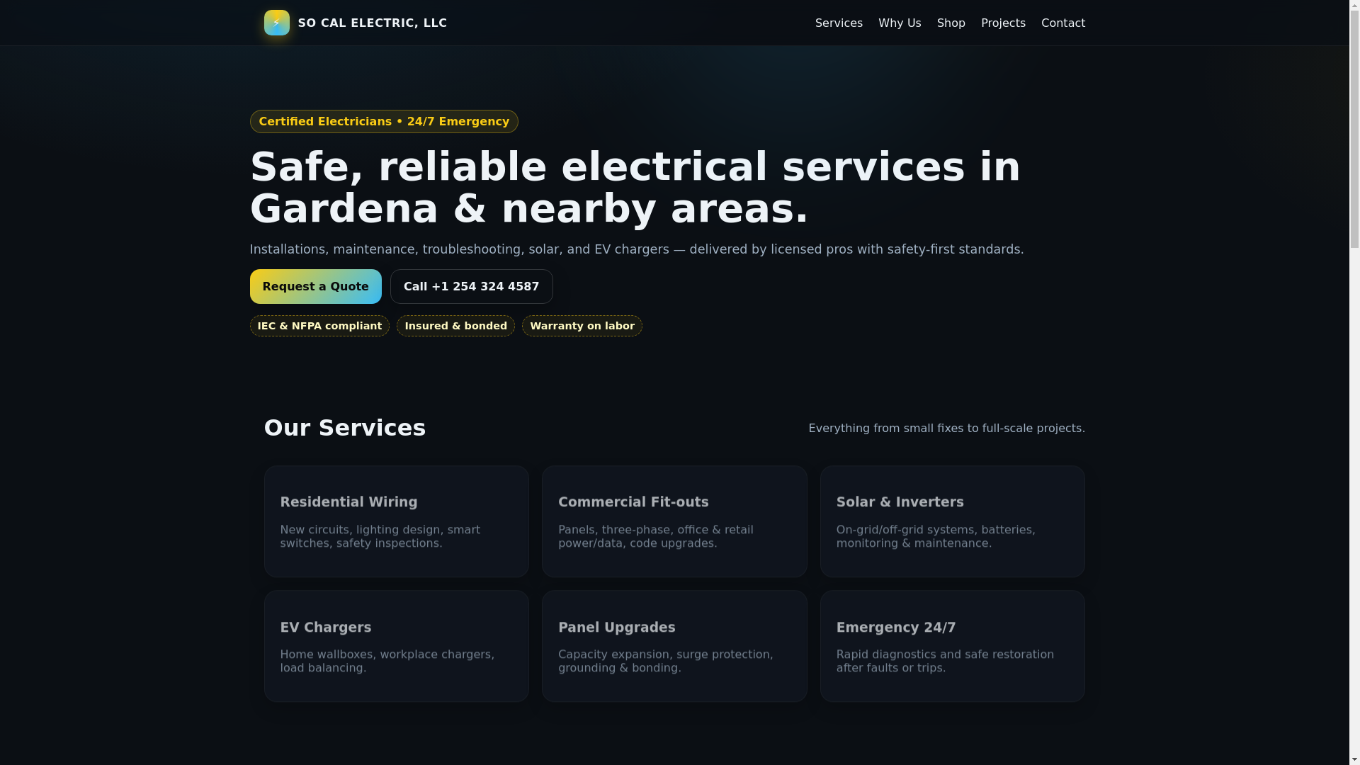 website screenshot of https://socalelec.shop/