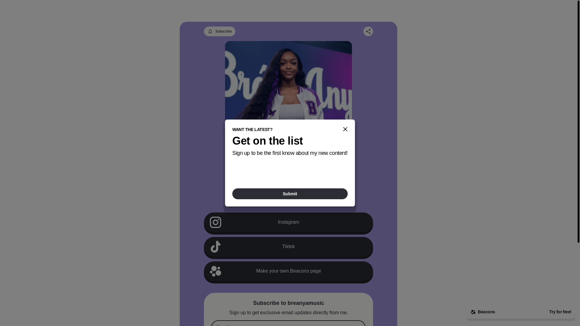 website screenshot of https://breanyamusic.com/
