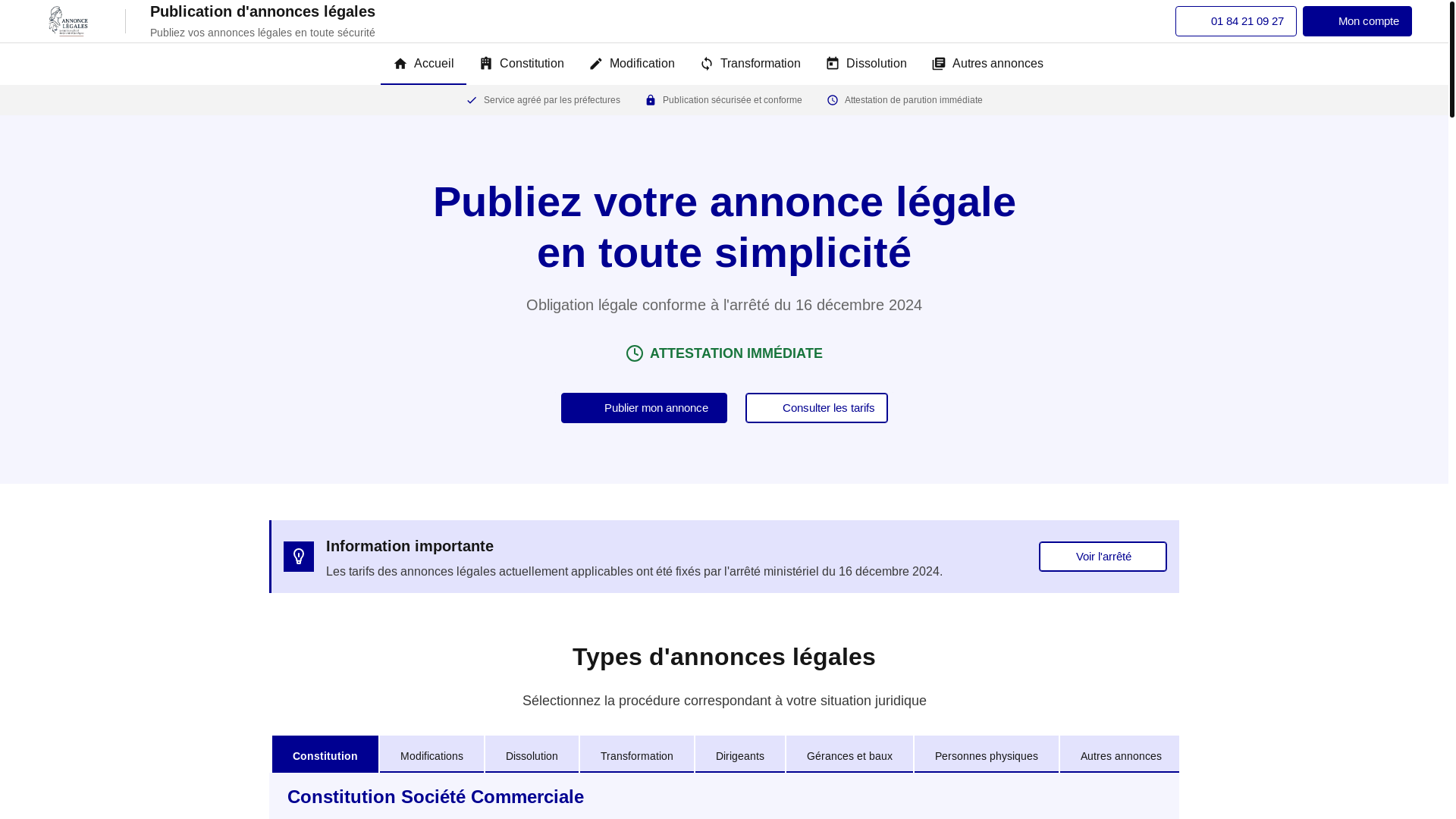 website screenshot of https://annonce-legales.fr/