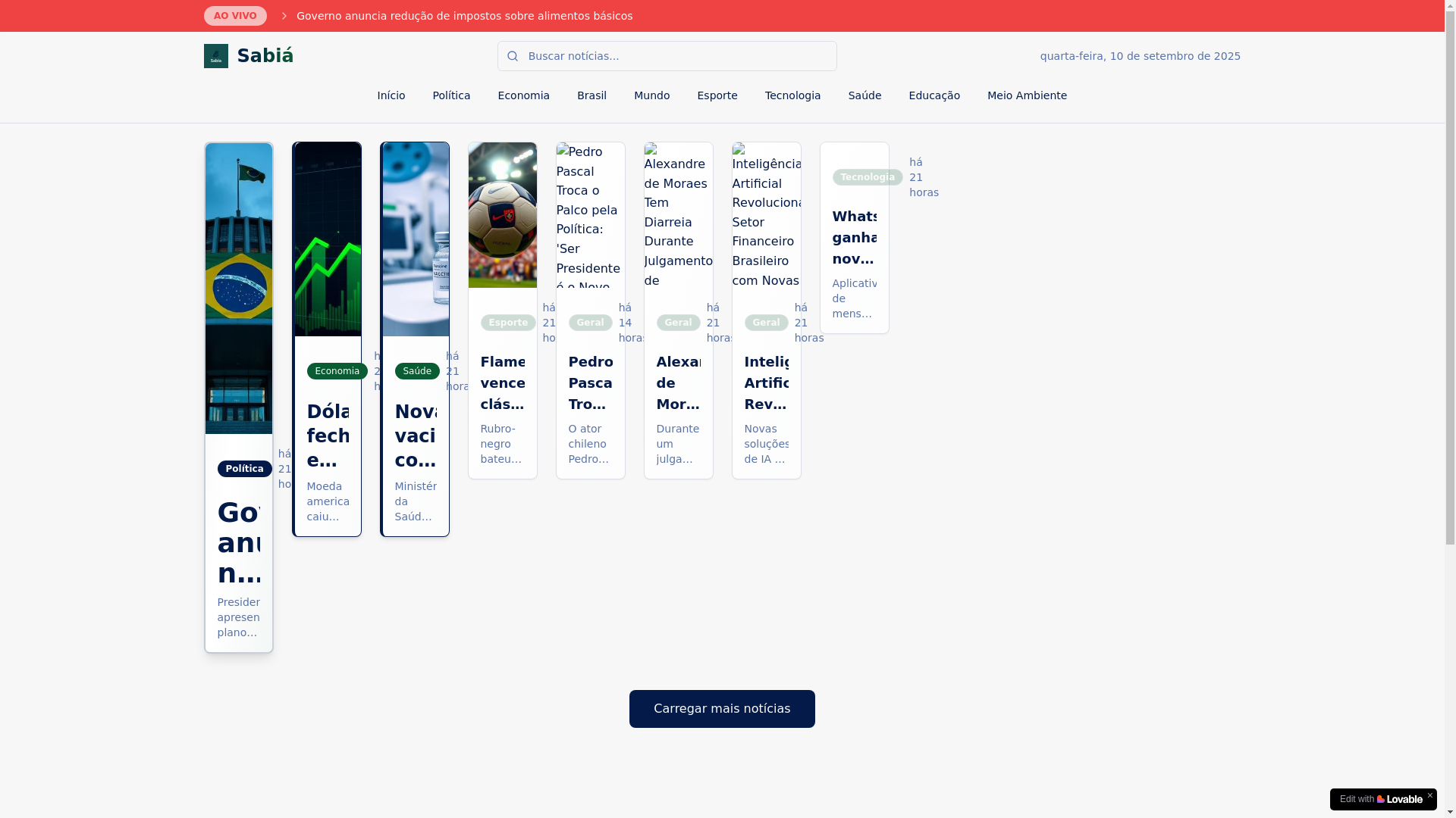 website screenshot of https://sabianews.com.br/