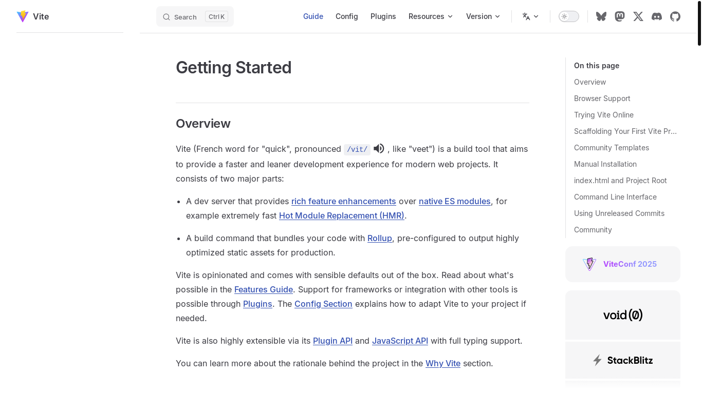website screenshot of https://vite.dev/guide/