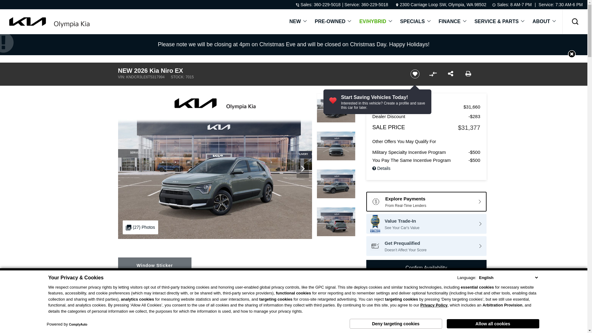 website screenshot of https://www.olympiakia.com/inventory/new-2026-kia-niro-ex-fwd-4d-sport-utility-kndcr3le6t5317994/